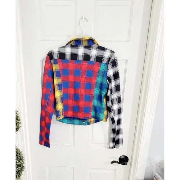 Carmin Women's Tartan Color Block Long Sleeve Patched Plaid Flannel Large - Picture 3 of 15